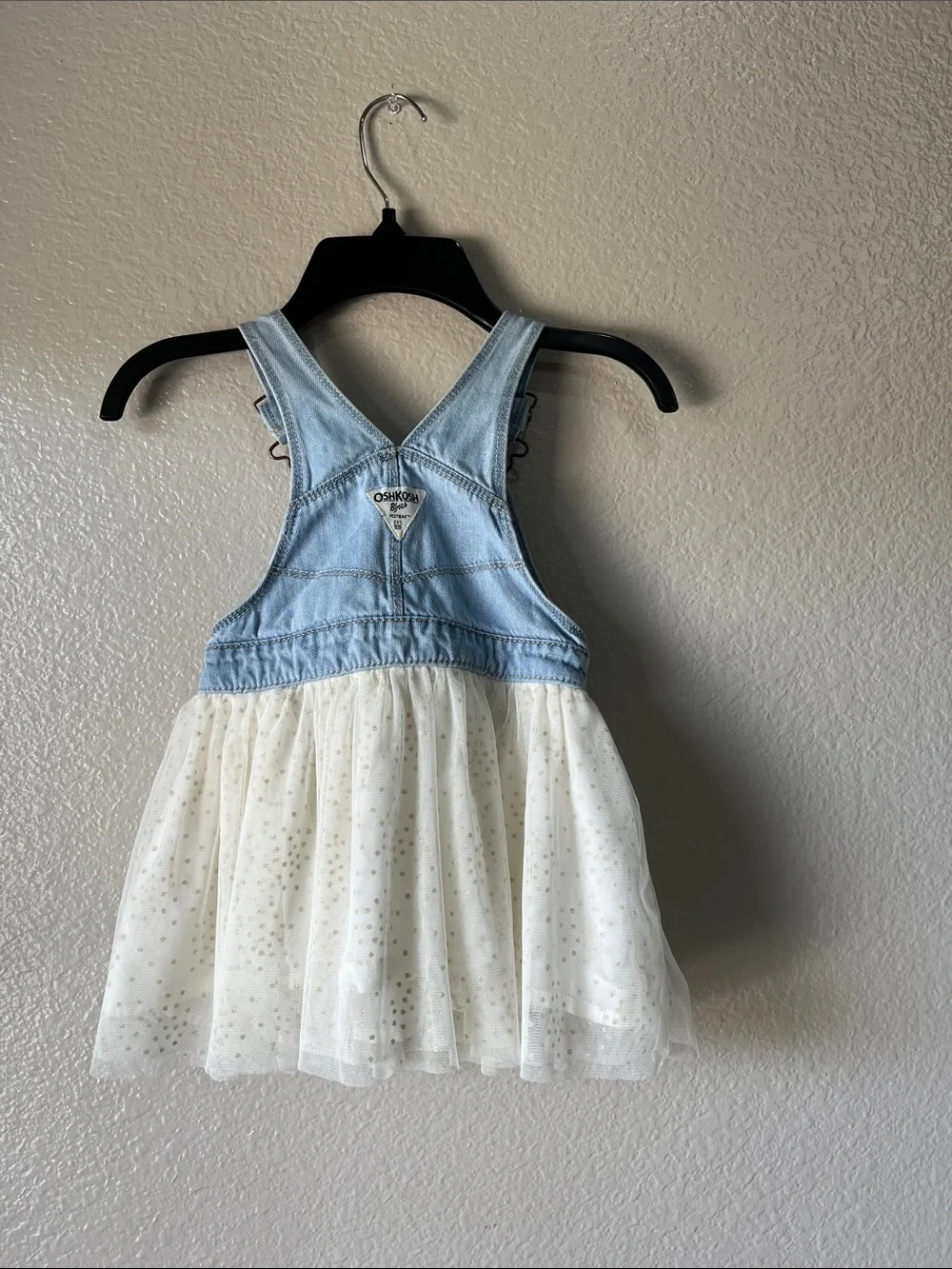 OshKosh B'gosh Light Blue Denim Overall Dress with White Tulle Skirt Sz 3T